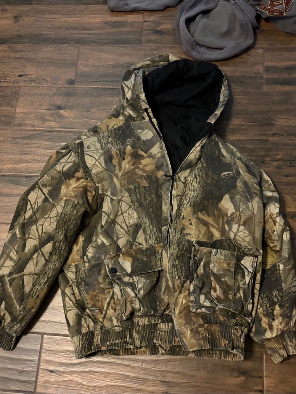 Realtree Camo Hooded Bomber Jacket in Brown and Green